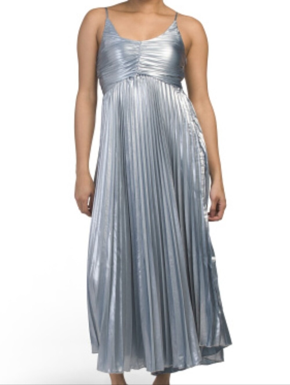 NWT - Nicole Miller Metallic Pleated "Sky" Ruched Details Tea Length Dress-Sz 10